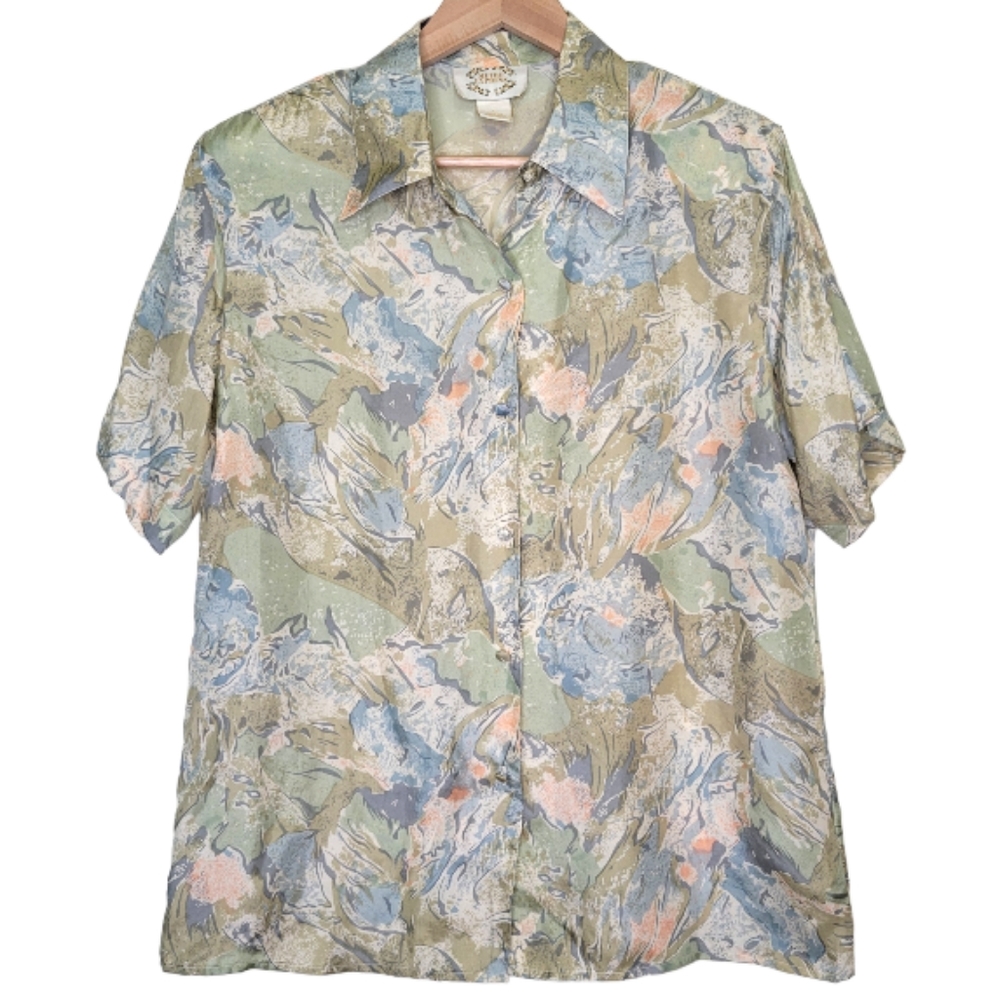 Metro Express 100% Silk Flowey Button Short Sleeve Top, Size L